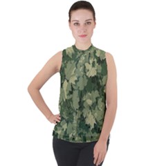 Green Leaves Camouflage Mock Neck Chiffon Sleeveless Top by Ravend