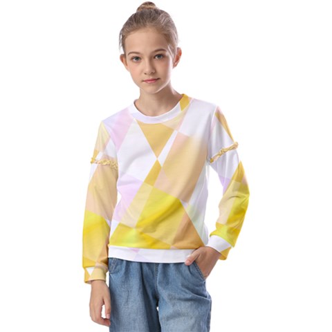 Abstract T- Shirt Yellow Chess Cell Abstract Pattern T- Shirt Kids  Long Sleeve Tee With Frill  by maxcute