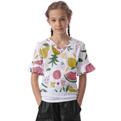 Fruits T- Shirt Funny Summer Fruits Collage Fruit Bright Colors T- Shirt Kids  V-neck Horn Sleeve Blouse by maxcute