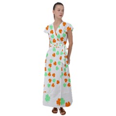 St Patricks Day T- Shirt Green White Orange Shamrock Pattern T- Shirt Flutter Sleeve Maxi Dress by maxcute