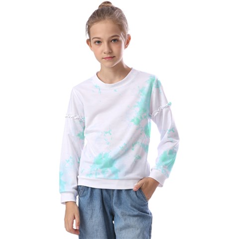 Turquoise T- Shirt Blue And Turquoise Marble Splash Abstract Artwork T- Shirt Kids  Long Sleeve Tee With Frill  by maxcute