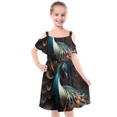 Peacock Bird Feathers Colorful Texture Abstract Kids  Cut Out Shoulders Chiffon Dress by Pakemis