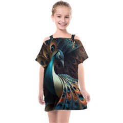 Peacock Bird Feathers Colorful Texture Abstract Kids  One Piece Chiffon Dress by Pakemis