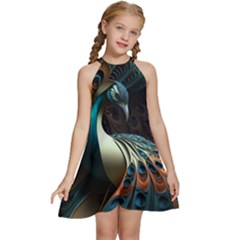 Peacock Bird Feathers Colorful Texture Abstract Kids  Halter Collar Waist Tie Chiffon Dress by Pakemis