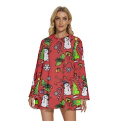 Santa Snowman Gift Holiday Round Neck Long Sleeve Bohemian Style Chiffon Mini Dress by Uceng