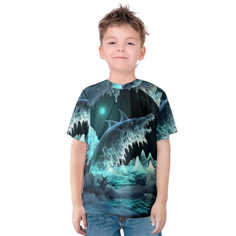 Sculpture Dinosaur Shark Frozen Winter Fantasy Kids  Cotton Tee by Ravend