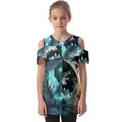 Sculpture Dinosaur Shark Frozen Winter Fantasy Fold Over Open Sleeve Top by Ravend