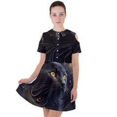 Ai Generated Cat Moon Feline Cute Short Sleeve Shoulder Cut Out Dress  by Ravend