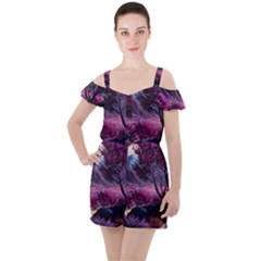 Landscape Landscape Painting Purple Purple Trees Ruffle Cut Out Chiffon Playsuit by danenraven