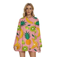 Fruits Tropical Pattern Design Art Round Neck Long Sleeve Bohemian Style Chiffon Mini Dress by Ravend