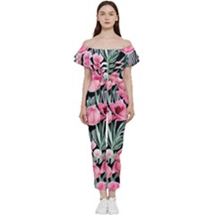 Expressive Watercolor Flowers Botanical Foliage Off Shoulder Ruffle Top Jumpsuit