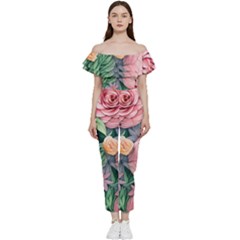 Darling And Dazzling Watercolor Flowers Off Shoulder Ruffle Top Jumpsuit