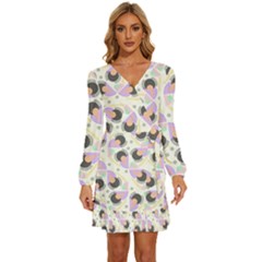 Pattern Pastel Drawing Art Long Sleeve Waist Tie Ruffle Velvet Dress by Ravend