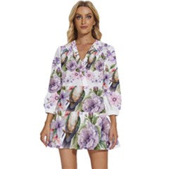 Hummingbird In Floral Heart V-neck Placket Mini Dress by augustinet