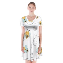 Bee Art Pattern Design Wallpaper Background Print Short Sleeve V-neck Flare Dress by Ravend