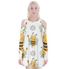 Art Bee Pattern Design Wallpaper Background Velvet Long Sleeve Shoulder Cutout Dress by Ravend