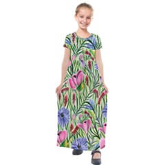 Celestial Watercolor Flower Kids  Short Sleeve Maxi Dress by GardenOfOphir