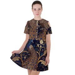 Peacock Plumage Bird Decorative Pattern Graceful Short Sleeve Shoulder Cut Out Dress  by Ravend