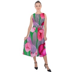 Mysterious And Enchanting Watercolor Flowers Midi Tie-back Chiffon Dress by GardenOfOphir