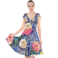 Captivating Watercolor Flowers Cap Sleeve Front Wrap Midi Dress by GardenOfOphir