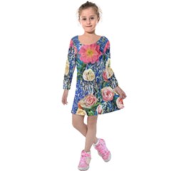 Captivating Watercolor Flowers Kids  Long Sleeve Velvet Dress by GardenOfOphir