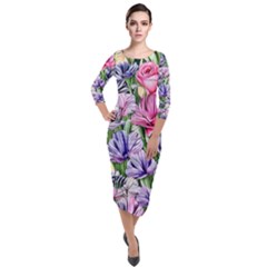 Majestic Watercolor Flowers Quarter Sleeve Midi Velour Bodycon Dress by GardenOfOphir