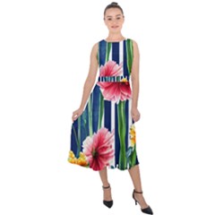 Charming And Cheerful Watercolor Flowers Midi Tie-back Chiffon Dress by GardenOfOphir