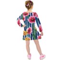 Charming And Cheerful Watercolor Flowers Kids  Long Sleeve Velvet Dress View2