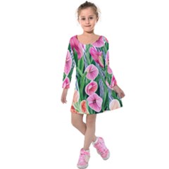 Classy Watercolor Flowers Kids  Long Sleeve Velvet Dress by GardenOfOphir