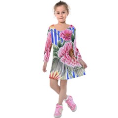 Choice Watercolor Flowers Kids  Long Sleeve Velvet Dress by GardenOfOphir