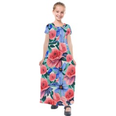 Classy Watercolor Flowers Kids  Short Sleeve Maxi Dress by GardenOfOphir