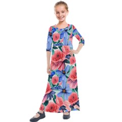 Classy Watercolor Flowers Kids  Quarter Sleeve Maxi Dress by GardenOfOphir