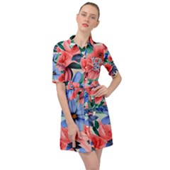 Classy Watercolor Flowers Belted Shirt Dress by GardenOfOphir