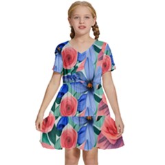 Classy Watercolor Flowers Kids  Short Sleeve Tiered Mini Dress by GardenOfOphir