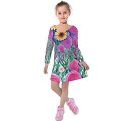 Charming Watercolor Flowers Kids  Long Sleeve Velvet Dress by GardenOfOphir