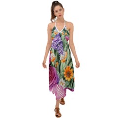 Captivating Watercolor Flowers Halter Tie Back Dress  by GardenOfOphir