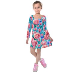 Brilliantly Hued Watercolor Flowers In A Botanical Kids  Long Sleeve Velvet Dress by GardenOfOphir