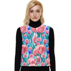 Brilliantly Hued Watercolor Flowers In A Botanical Women s Short Button Up Puffer Vest by GardenOfOphir