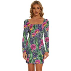 Dazzling Watercolor Flowers And Foliage Long Sleeve Square Neck Bodycon Velvet Dress by GardenOfOphir