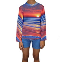 Golden Sunset Over Beach Kids  Long Sleeve Swimwear by GardenOfOphir