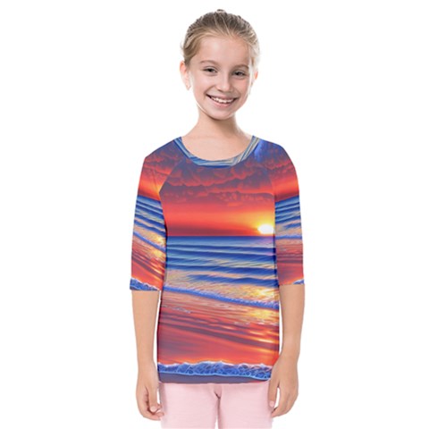 Golden Sunset Over Beach Kids  Quarter Sleeve Raglan Tee by GardenOfOphir