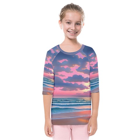 Sunset Over The Beach Kids  Quarter Sleeve Raglan Tee by GardenOfOphir