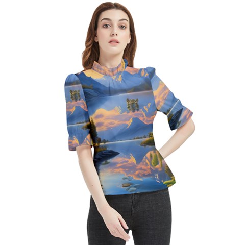 Beautiful Sunset Frill Neck Blouse by GardenOfOphir