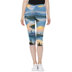 Somber Lake Sunset Inside Out Lightweight Velour Capri Leggings  by GardenOfOphir