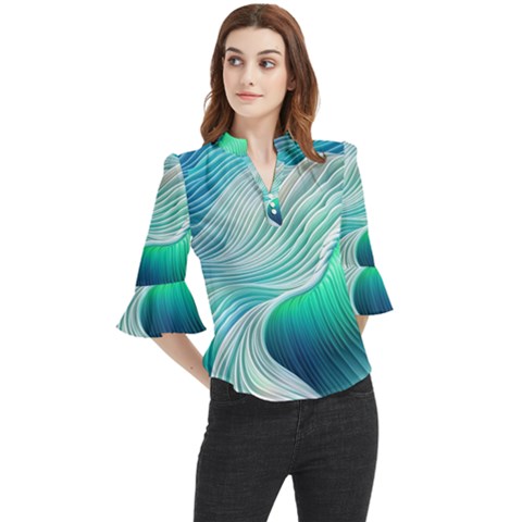 Pastel Abstract Waves Pattern Loose Horn Sleeve Chiffon Blouse by GardenOfOphir