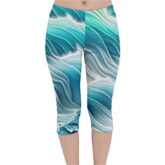 Pastel Blue Ocean Waves Iii Velvet Capri Leggings  by GardenOfOphir