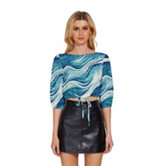 Abstract Blue Ocean Waves Mid Sleeve Drawstring Hem Top