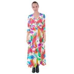 Feathers Pattern Background Colorful Plumage Button Up Maxi Dress by Ravend