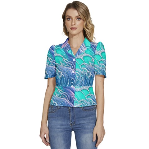The Beauty Of Waves Puffed Short Sleeve Button Up Jacket by GardenOfOphir