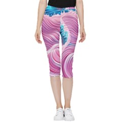 Pink Water Waves Inside Out Lightweight Velour Capri Leggings  by GardenOfOphir